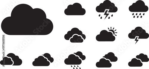 Weather forecast icon set. Rainy, storm, snow, cloudy, sunny, windy, day, night, summer, winter, line, label, collection, logo, symbol, black, flat vector, isolated illustration