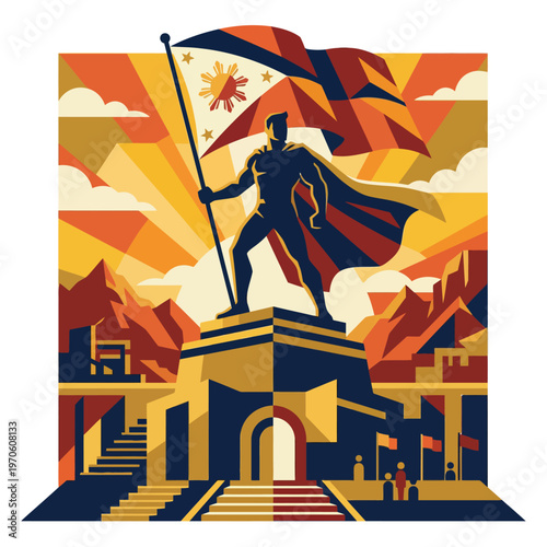 Illustration of a heroic figure waving a flag on a monument during a patriotic celebration on National Heroes Day with warm, symbolic colors.