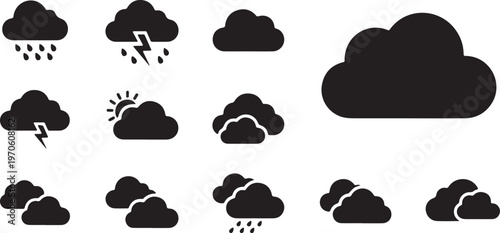 Weather forecast icon set. Rainy, storm, snow, cloudy, sunny, windy, day, night, summer, winter, line, label, collection, logo, symbol, black, flat vector, isolated illustration