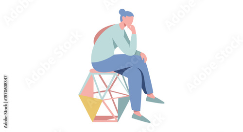 A flat vector illustration shows a woman with her hair in a bun sitting on a colorful geometric stool in a deep thinking pose.