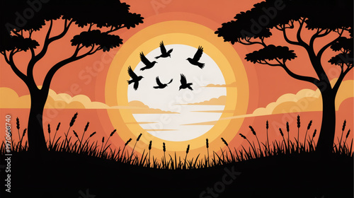 African savannah, sunset, vector illustration, wildlife scene, nature landscape isolated on Transparent Background