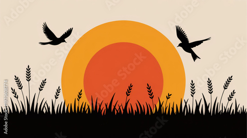 Sunset, birds, grass, vector illustration, nature scene, landscape, orange sun isolated on Transparent Background