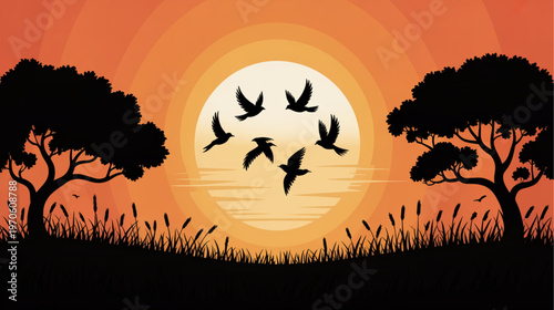 African sunset, savannah landscape, vector illustration, orange sky isolated on Transparent Background