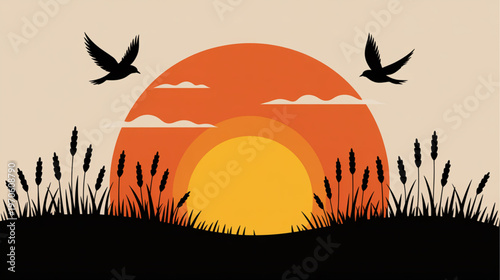 Sunset landscape, orange sunset, grass silhouette, flying birds, nature scene isolated on Transparent Background