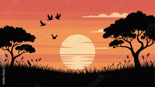 African savannah, sunset landscape, vector silhouette, orange sky isolated on Transparent Background