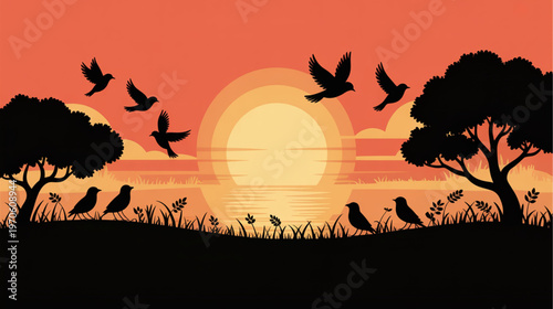 Sunset landscape, silhouette trees, birds flying, orange sky, nature scene, vector illustration isolated on Transparent Background