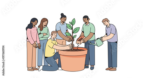 A diverse group of young adults works together to plant a young tree in a large pot, symbolizing teamwork, growth, and environmental care.