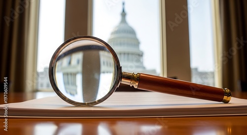Magnifying glass on documents with US Capitol building in background for investigation and research purposes in a professional setting