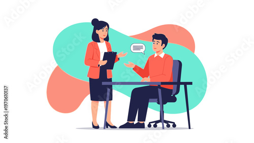 Business meeting: man and woman discussing project at desk, illustration