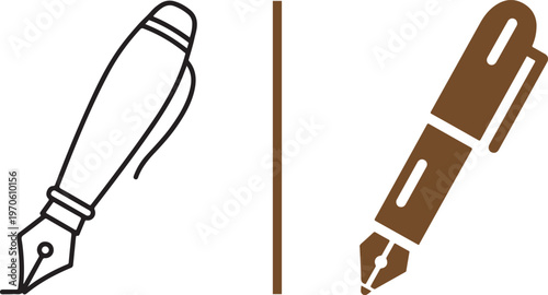 Vector icons of fountain pens in minimalist styles. Features a black line art drawing and a brown flat design silhouette, perfect for themes of writing, literature, signature, and classic stationary.