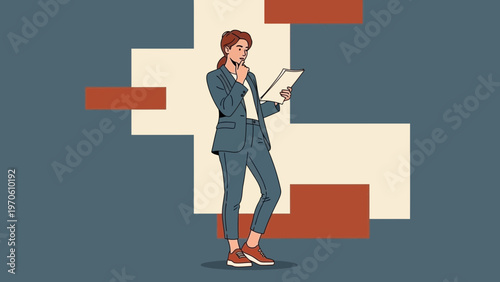 Businesswoman reviewing documents, thoughtful pose, abstract geometric background