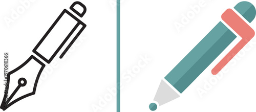 Vector duo featuring a minimalist black outline fountain pen nib and a modern flat-style ballpoint pen in teal and coral, symbolizing writing, editing, and creative design.