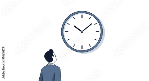 A minimalist illustration of a man looking up at a giant wall clock, symbolizing concepts of time management, punctuality, and waiting.