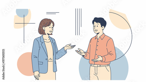 Diverse colleagues in business attire discussing ideas in a modern office with abstract shapes