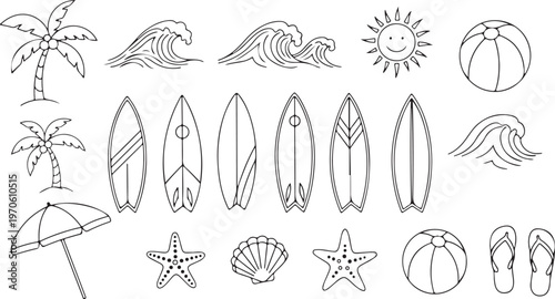 Vector set of tropical beach silhouettes including palm trees, umbrellas, lounge chairs, boats and cocktails. Black summer vacation icons ideal for travel design