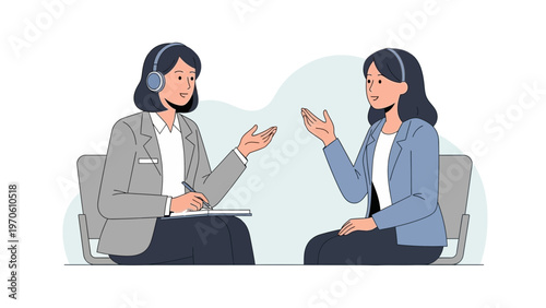 Two women in business attire in a meeting, one wearing headphones and taking notes