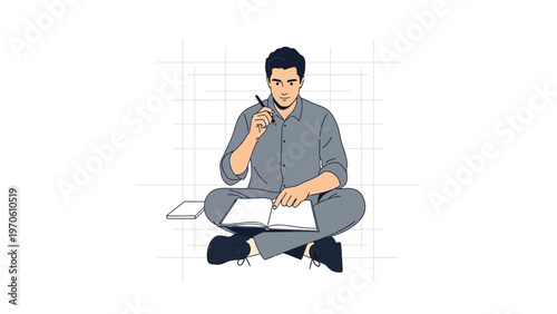 Man sitting cross-legged with notebook and pen, thinking, creative process, studying, planning