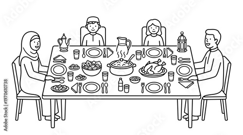 Eid dining icons showing table, family meal, food dishes, plates, tray, drinks, and napkins