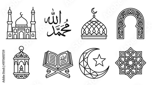 Islamic heritage icons showing mosque, calligraphy, dome, arch, lantern, Quran, crescent, and pattern