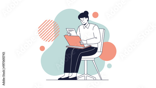 Young woman sitting on chair with laptop and papers, modern abstract background