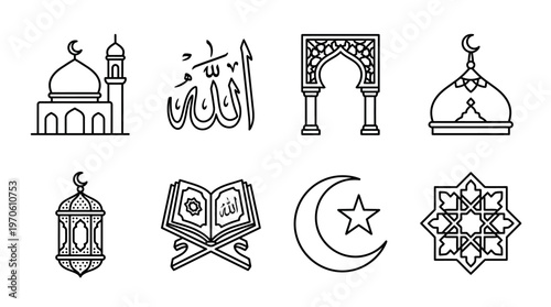 Islamic heritage icons showing mosque, calligraphy, dome, arch, lantern, Quran, crescent, and pattern