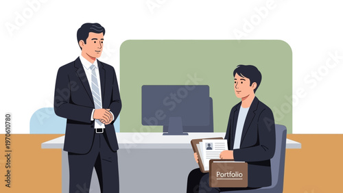 Job Interview: Candidate Presents Portfolio to Manager in Office