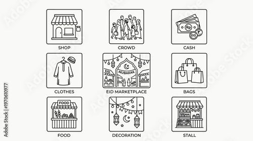 Eid bazaar icons showing shop, clothes, food, decoration, stall, crowd, cash, and shopping bags