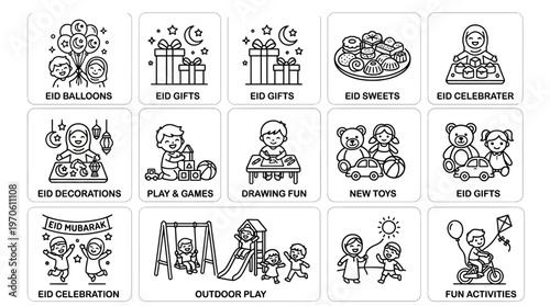 Eid icons showing balloons, gifts, sweets, celebration, decorations, play, toys, and fun activities