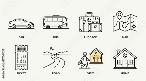 Travel icons showing car, bus, luggage, map, ticket, road, visit, and home