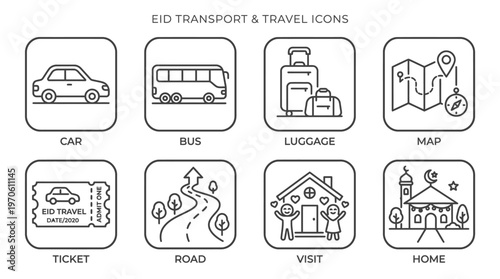 Travel icons showing car, bus, luggage, map, ticket, road, visit, and home