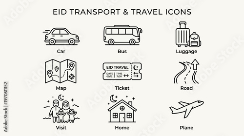 Travel icons showing car, bus, luggage, map, ticket, road, visit, and home