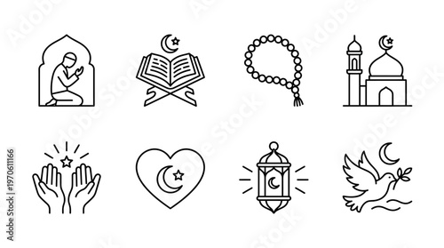 Islamic faith icons showing prayer, Quran, tasbih, mosque, dua, heart, lantern, and meditation