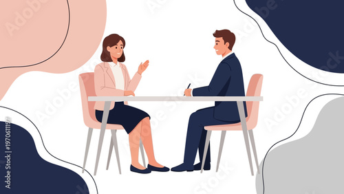 Business meeting: Woman interviewing man at desk, professional discussion, office setting