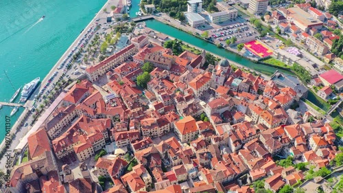 Kotor old Town aerial view, Montenegro, UNESCO Medieval Buildings and Fortresses.