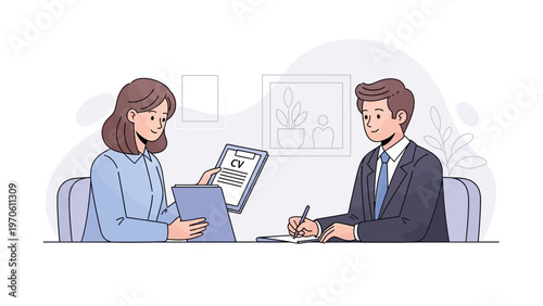 Job Interview: Woman Presents CV to Man Writing Notes, Business Meeting