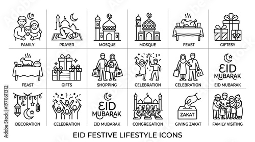 Eid lifestyle icons showing family, prayer, mosque, feast, gifts, shopping, celebration, and congregation