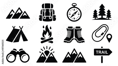 Black silhouette icons of adventure gear including backpack tent compass boots binoculars and campfire set against a clean white background symbolizing travel and outdoor