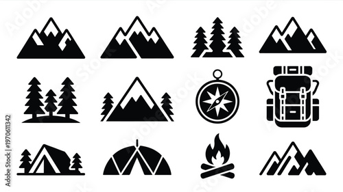 Minimalist vector icons of mountains trees tents and camping gear symbolizing outdoor adventure and nature