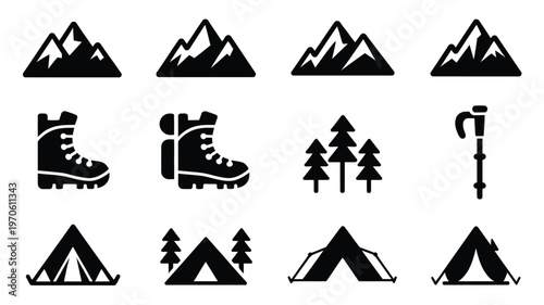 Vector icons of mountains hiking boots trees tents and climbing gear for adventure and outdoor activities