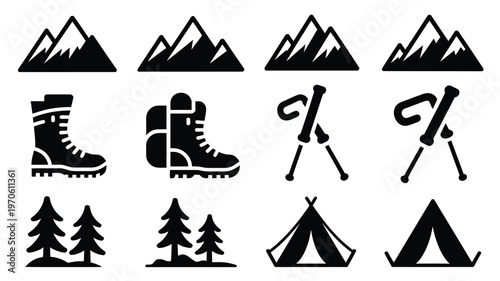 Set of clean vector icons for outdoor adventure featuring mountains hiking boots trees tent and ski poles in a minimalist style