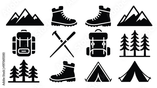 Black and white vector icons of camping and hiking gear including tents boots backpacks mountains and trees for outdoor adventures