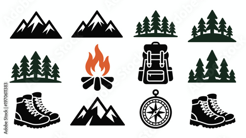 Vector illustration pack featuring camping icons including mountains trees backpack boots compass and campfire in flat minimalist style