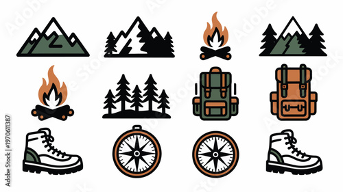 Outdoor adventure icons featuring camping gear hiking boots compass campfire and mountain silhouettes in a clean vector style