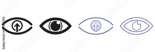 Eye icon set with upload arrow symbol, vision and data upload concept vector line and solid design