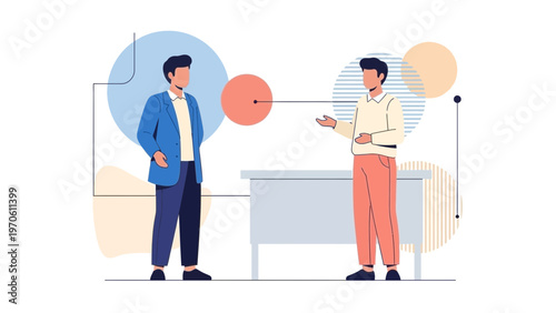 Business meeting illustration: two men discussing ideas near a desk with abstract shapes