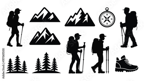Silhouette illustration of hikers with backpacks trekking poles compass and mountain icons for outdoor adventure