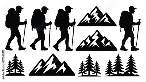 Silhouettes of hikers with backpacks and trekking poles walking near minimalist mountain and tree vector icons