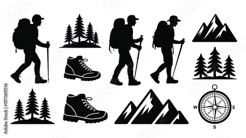 Hikers with backpacks and trekking poles explore mountains and forests in a clean vector illustration pack