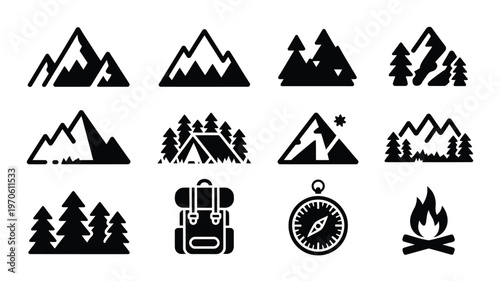 Minimalist vector icons of mountains trees camping gear compass and fire for outdoor adventure designs