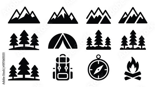 Minimalist flat design vector icons of mountains trees camping tent backpack compass and campfire for outdoor adventure